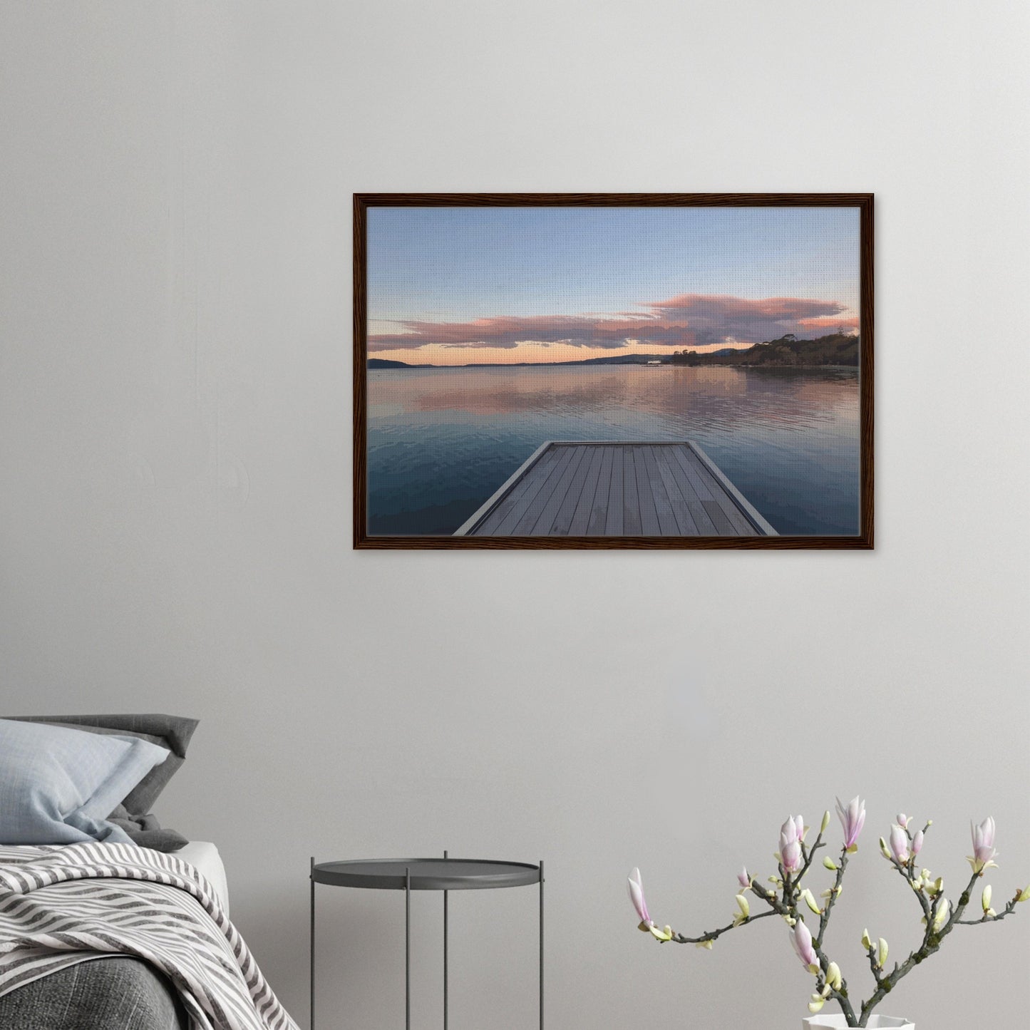 Jetty over Lake Rotorua at dusk with soft clouds and reflections in Echoes of the Lake by New Zealand designer Ben Hart.