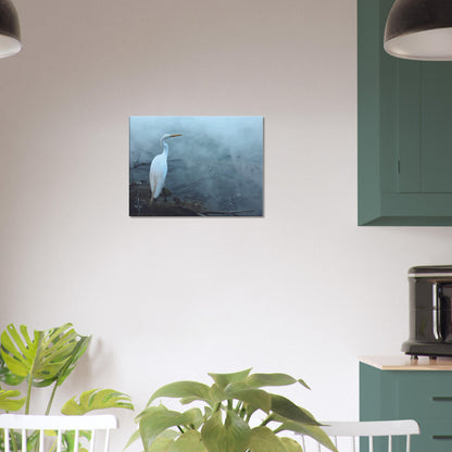 'Grace in the mist' captures the graceful presence of the Kōtuku (white heron) standing still on the edge of a steaming geothermal pool.