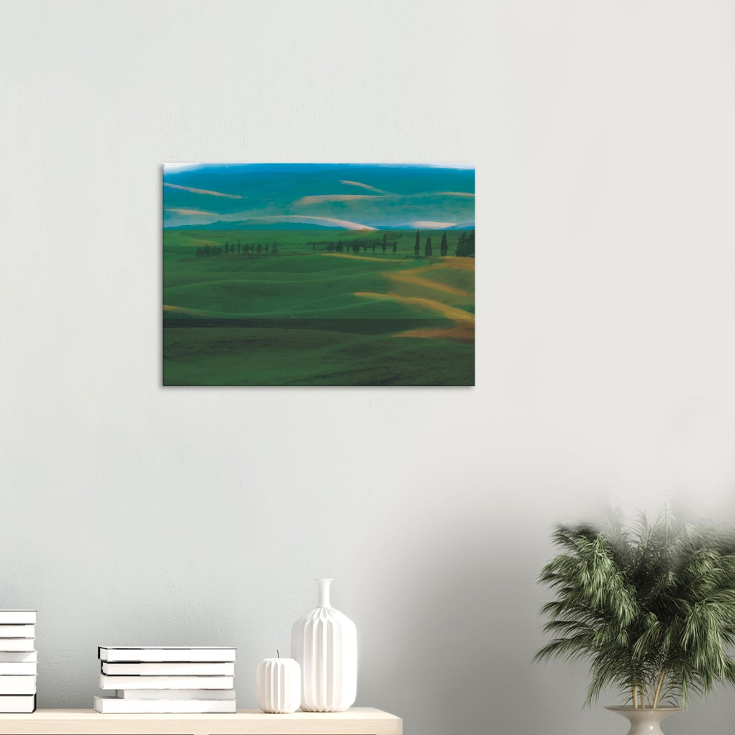 Artwork of rolling green hills and tall trees in soft golden light, evoking calm and quiet.