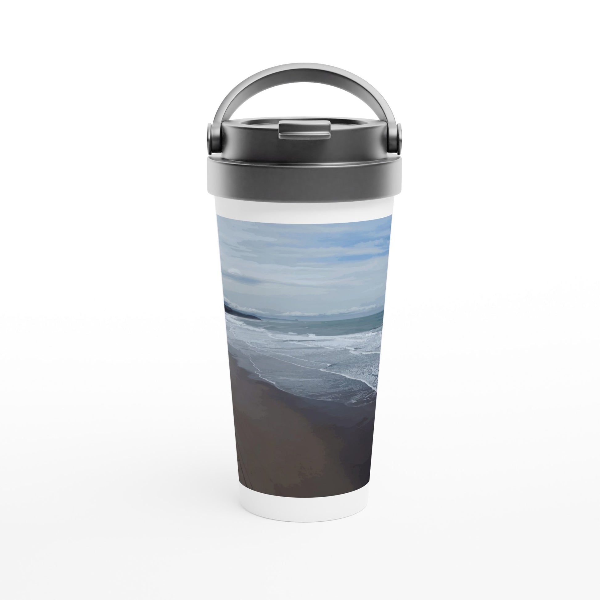 Designer stainless steel travel mug with artwork by NZ designer