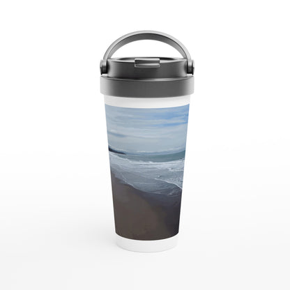 Designer stainless steel travel mug with artwork by NZ designer