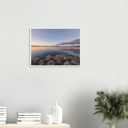 Peaceful Lake Rotorua view with mossy rocks and soft pastel reflections in Calm Waters by NZ artist Ben Hart.