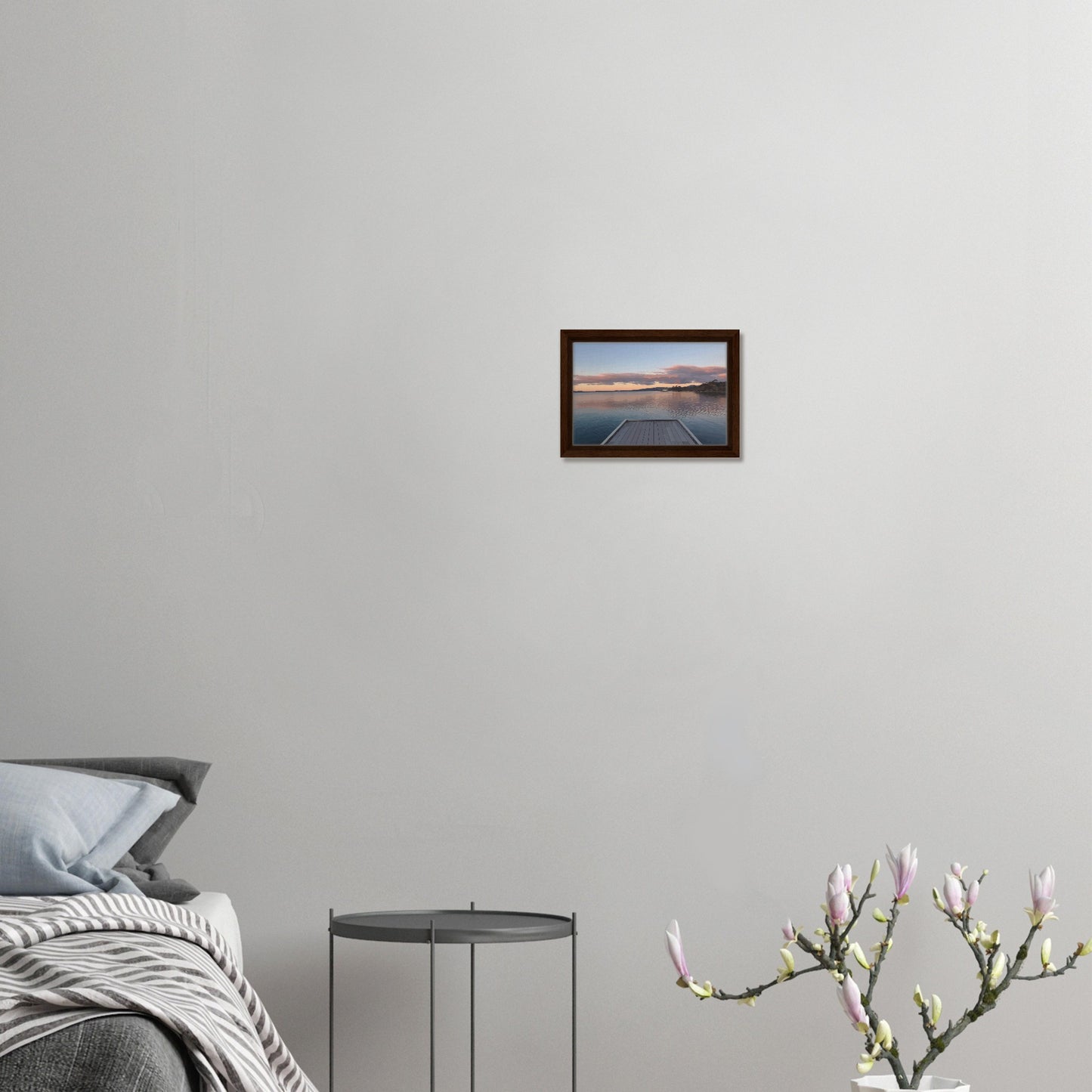 Jetty over Lake Rotorua at dusk with soft clouds and reflections in Echoes of the Lake by New Zealand designer Ben Hart.