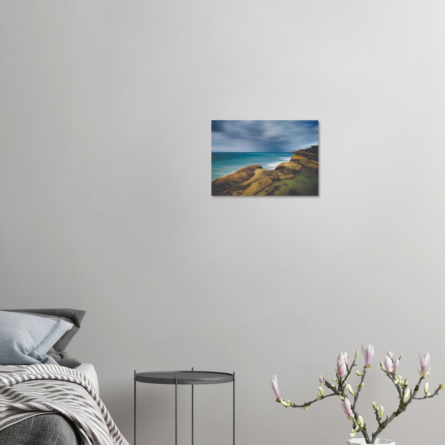 Moody seascape artwork of Castlepoint, with cliffs in the foreground and dark ocean under a brooding sky.