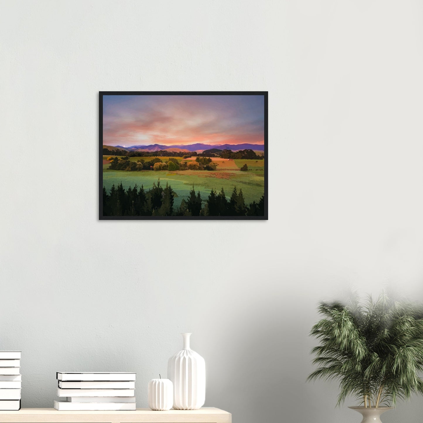 Artwork of a Wairarapa sunrise over pine trees and rolling farmland with soft light on the Tararua Ranges.