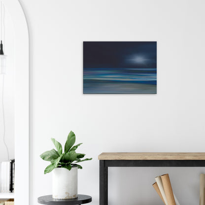 Moody artwork of an abstract sea with dark skies and light on the horizon, evoking calm and quiet transformation.