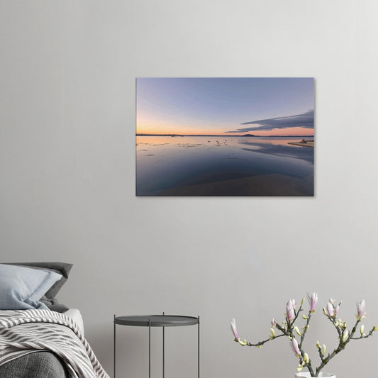 Peaceful Lake Rotorua at sunset with soft pastels, black swans and reflections in Whispers on the Lake by Ben Hart.