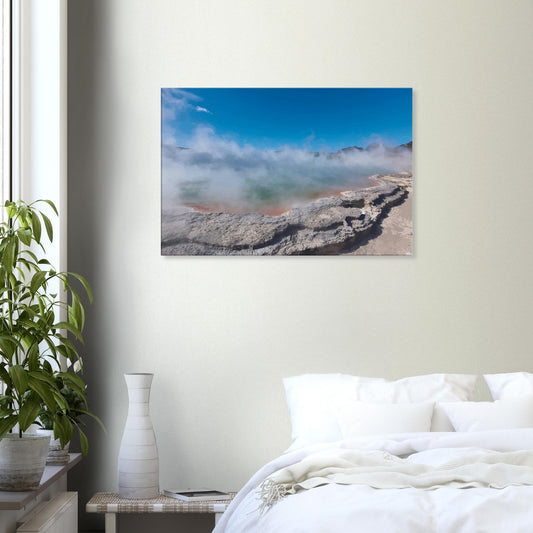 Steaming geothermal pool in Wai-O-Tapu, NZ, with green water and vivid edges in the artwork Thermal Waters by Ben Hart.