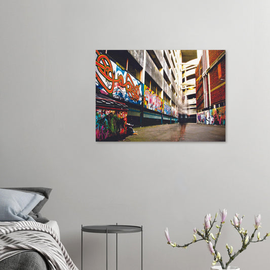 Ghost-like figure walking through graffiti-lined alley in an urban scene full of colour and contrast.