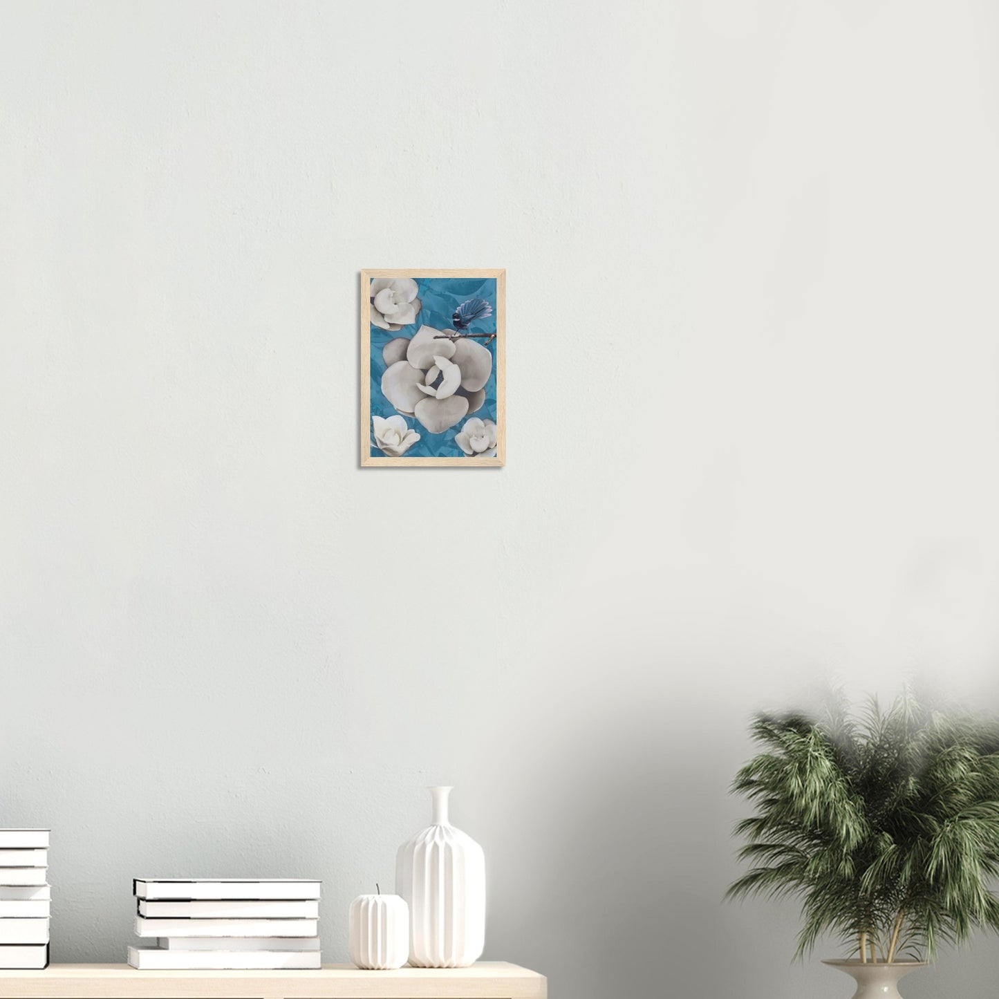 Artwork of a New Zealand pīwakawaka with its tail fanned wide, perched and alert with cool blue tones behind.