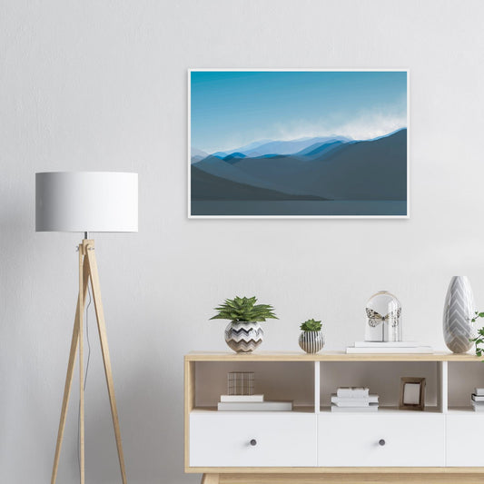 Soft, layered silhouettes of misty blue mountains against a calming sky, this piece captures the peaceful essence of nature