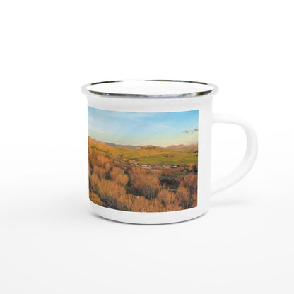 Designer enamel mugs with artwork by NZ designer