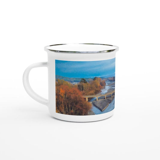 Designer enamel mugs with artwork by NZ designer