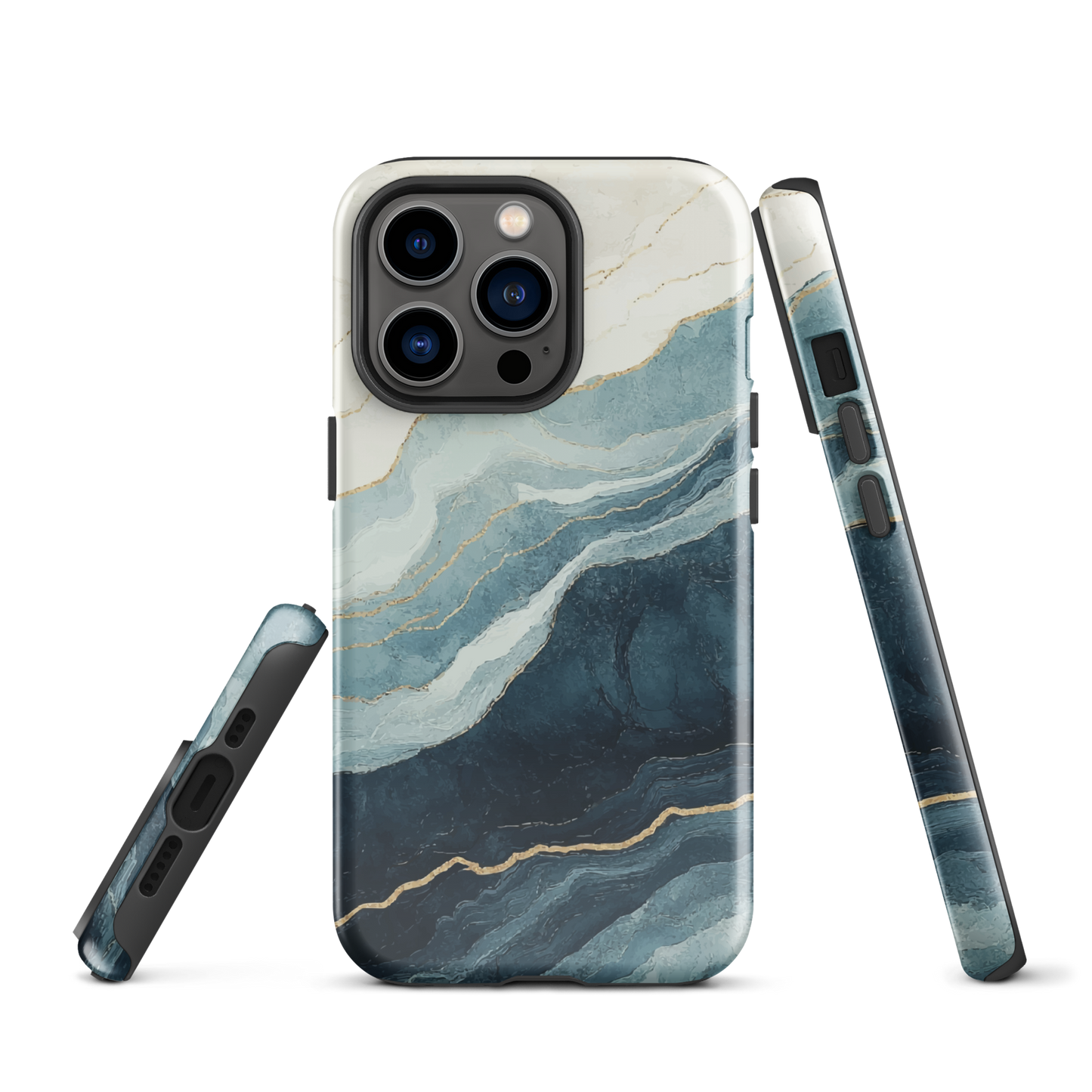 An elegant abstract phone case inspired by layered coastal forms in blue and teal tones.