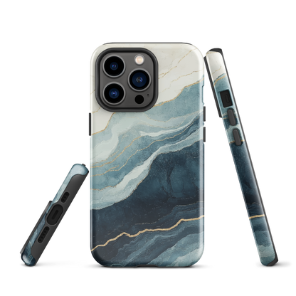 An elegant abstract phone case inspired by layered coastal forms in blue and teal tones.