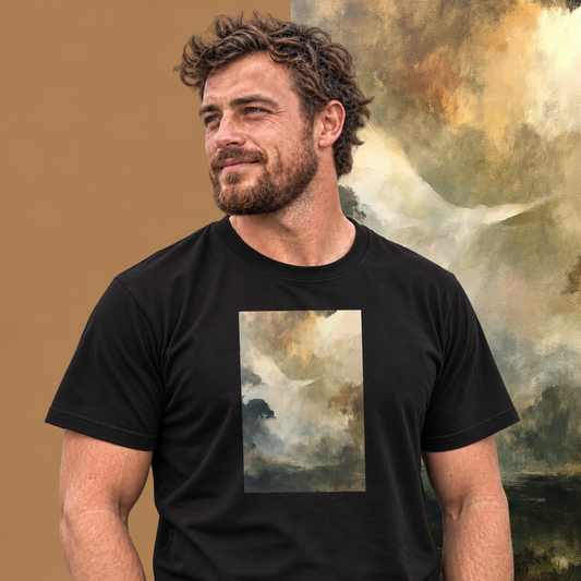 Model wearing the Ascend graphic tee in black, white dove rising through golden mist print - Blend Designs NZ