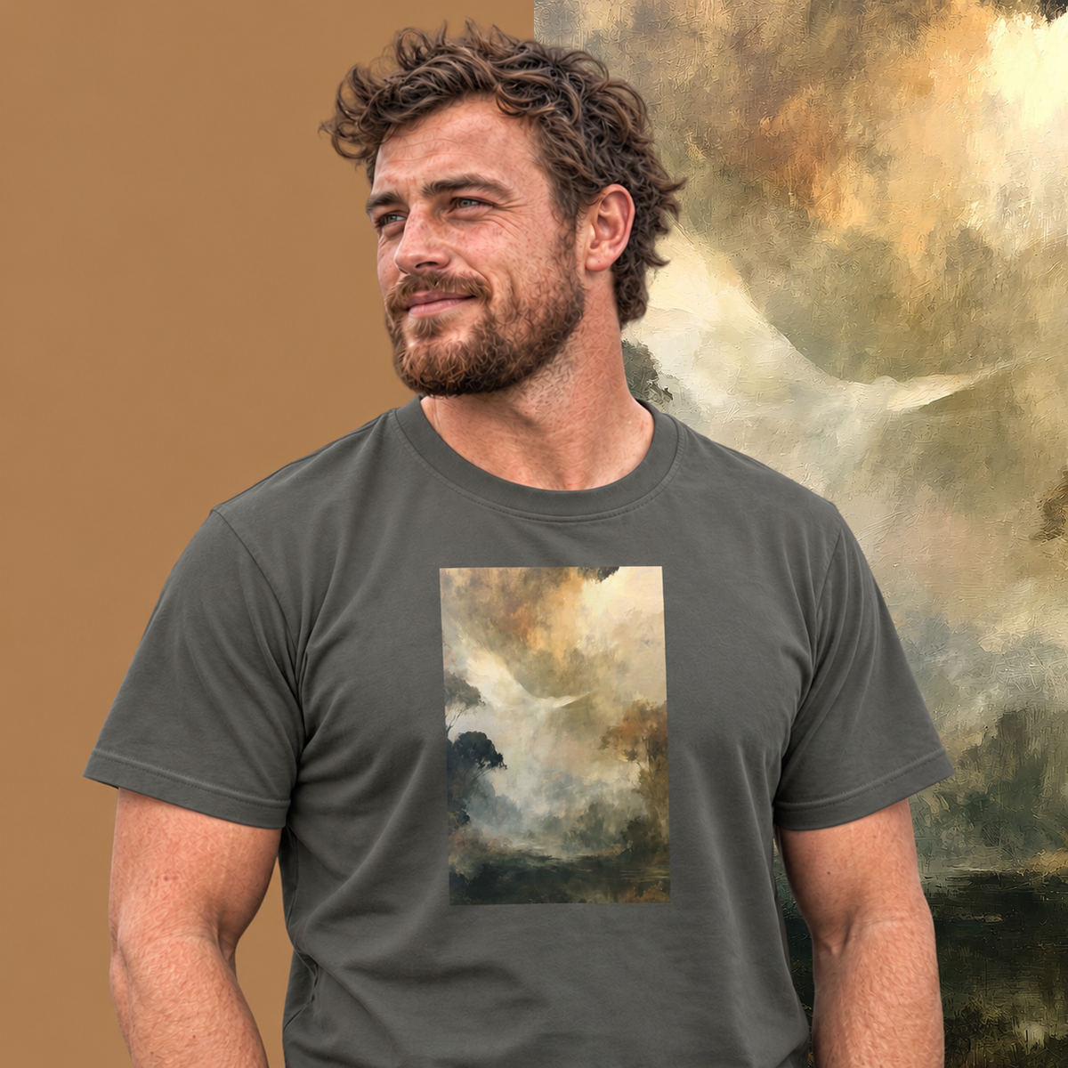 Model wearing the Ascend graphic tee in charcoal, white dove rising through golden mist print - Blend Designs NZ