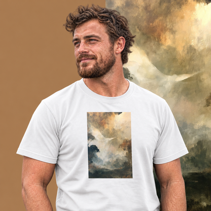 Model wearing the Ascend graphic tee in white, white dove rising through golden mist print - Blend Designs NZ