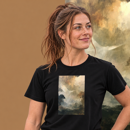 Model wearing the Ascend graphic tee in black, white dove rising through golden mist print - Blend Designs NZ