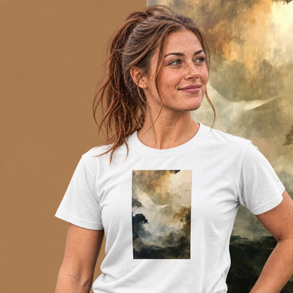 Model wearing the Ascend graphic tee in white, white dove rising through golden mist print - Blend Designs NZ