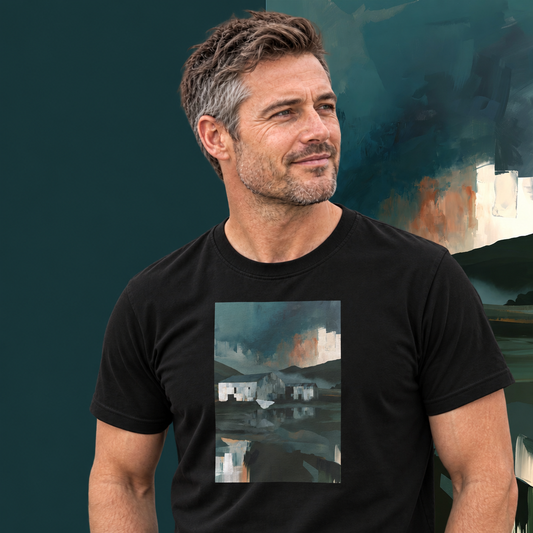 Model wearing the Evening Flight graphic tee in black, farm sheds and stormy evening sky print - Blend Designs NZ