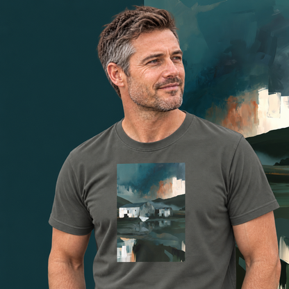 Model wearing the Evening Flight graphic tee in charcoal, farm sheds and stormy evening sky print - Blend Designs NZ