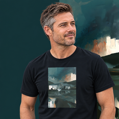 Model wearing the Evening Flight graphic tee in navy, farm sheds and stormy evening sky print - Blend Designs NZ