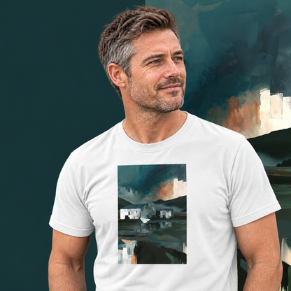 Model wearing the Evening Flight graphic tee in white, farm sheds and stormy evening sky print - Blend Designs NZ