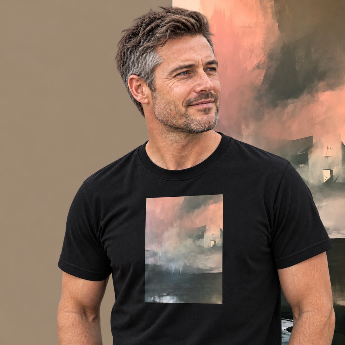 Model wearing the Glass graphic tee in black, weathered house in pink mist print - Blend Designs NZ