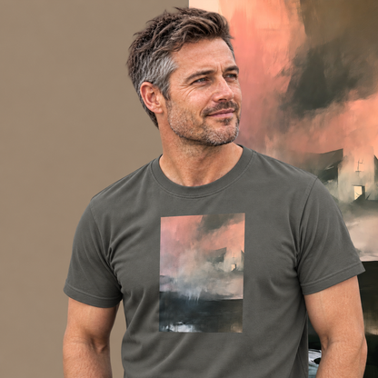 Model wearing the Glass graphic tee in charcoal, weathered house in pink mist print - Blend Designs NZ