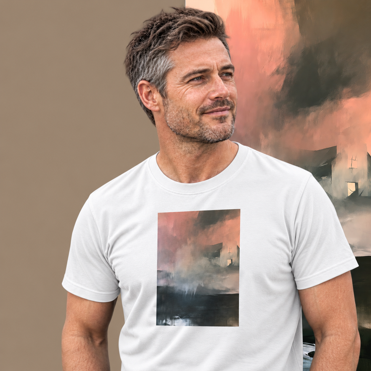 Model wearing the Glass graphic tee in white, weathered house in pink mist print - Blend Designs NZ