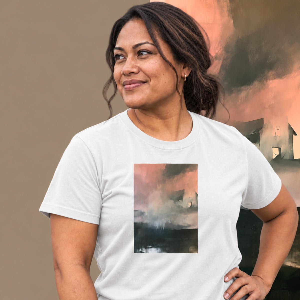 Model wearing the Glass graphic tee in white, weathered house in pink mist print - Blend Designs NZ