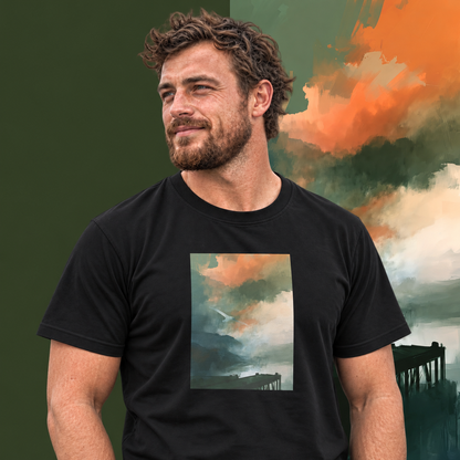 Model wearing the Harbour graphic tee in black, white bird over misty harbour print - Blend Designs NZ