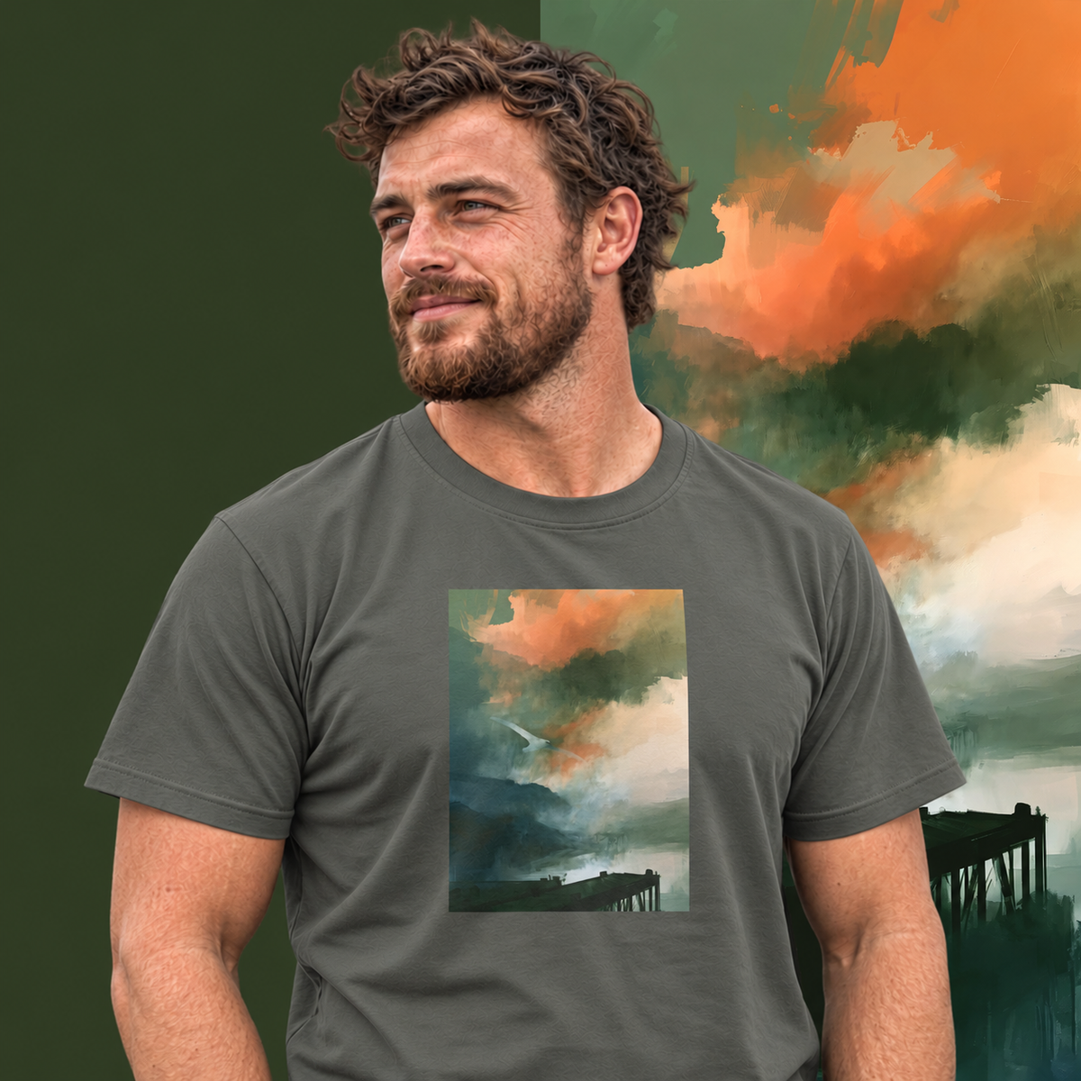Model wearing the Harbour graphic tee in charcoal, white bird over misty harbour print - Blend Designs NZ