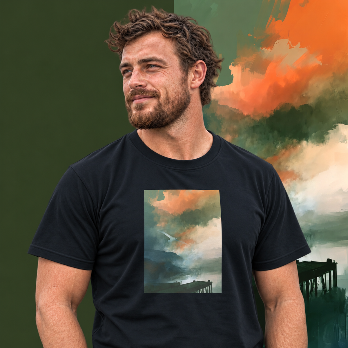 Model wearing the Harbour graphic tee in navy, white bird over misty harbour print - Blend Designs NZ