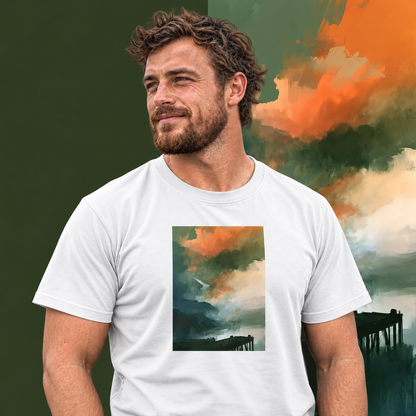 Model wearing the Harbour graphic tee in white, white bird over misty harbour print - Blend Designs NZ