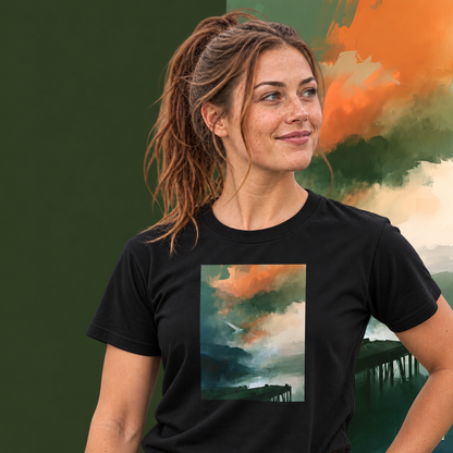 Model wearing the Harbour graphic tee in black, white bird over misty harbour print - Blend Designs NZ