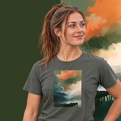 Model wearing the Harbour graphic tee in charcoal, white bird over misty harbour print - Blend Designs NZ