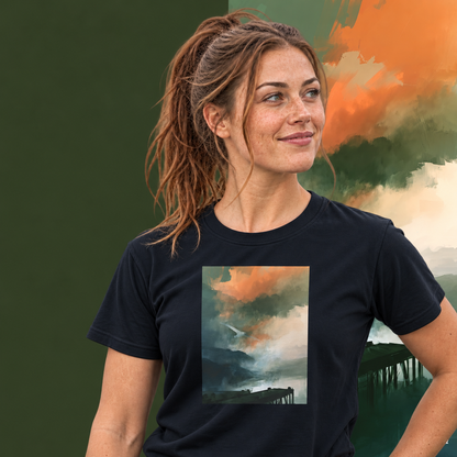 Model wearing the Harbour graphic tee in navy, white bird over misty harbour print - Blend Designs NZ