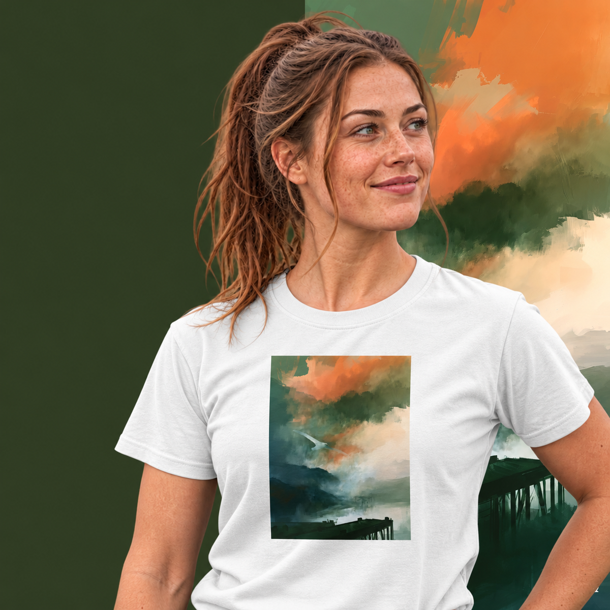 Model wearing the Harbour graphic tee in white, white bird over misty harbour print - Blend Designs NZ