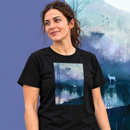 Model wearing the Hart graphic tee in black, white stag and still blue water print - Blend Designs NZ