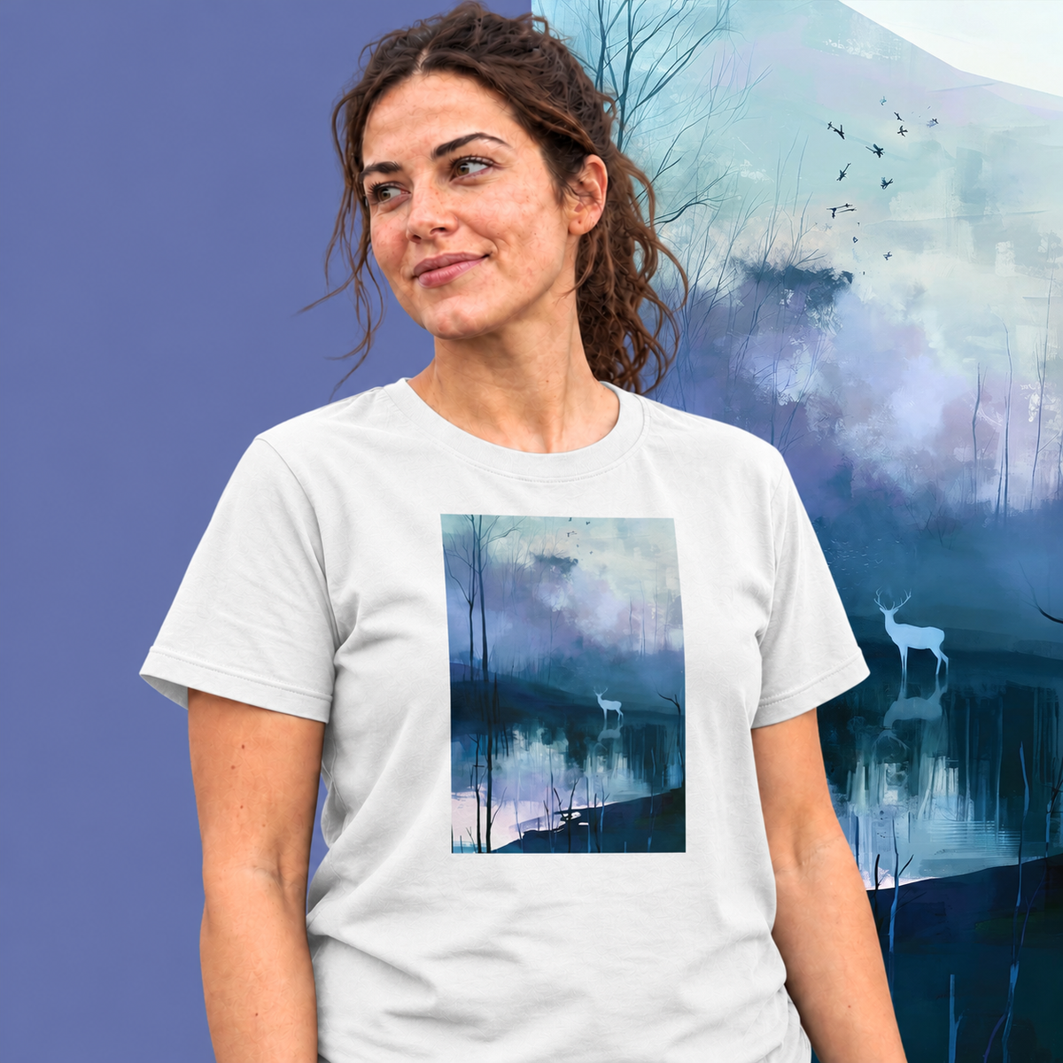 Model wearing the Hart graphic tee in white, white stag and still blue water print - Blend Designs NZ