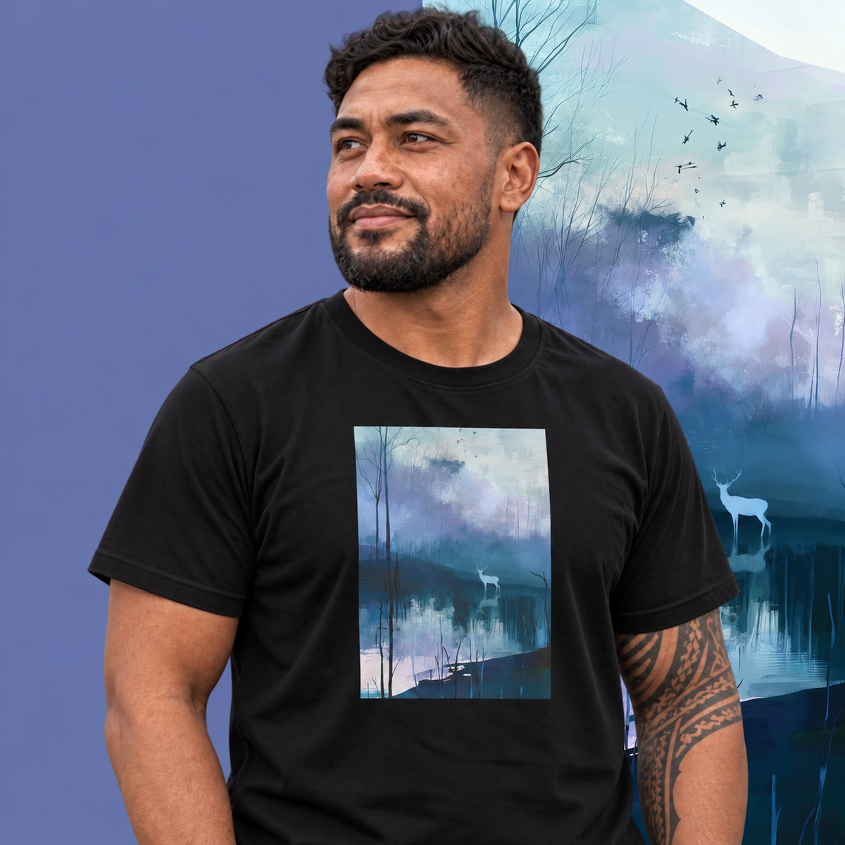 Model wearing the Hart graphic tee in black, white stag and still blue water print - Blend Designs NZ