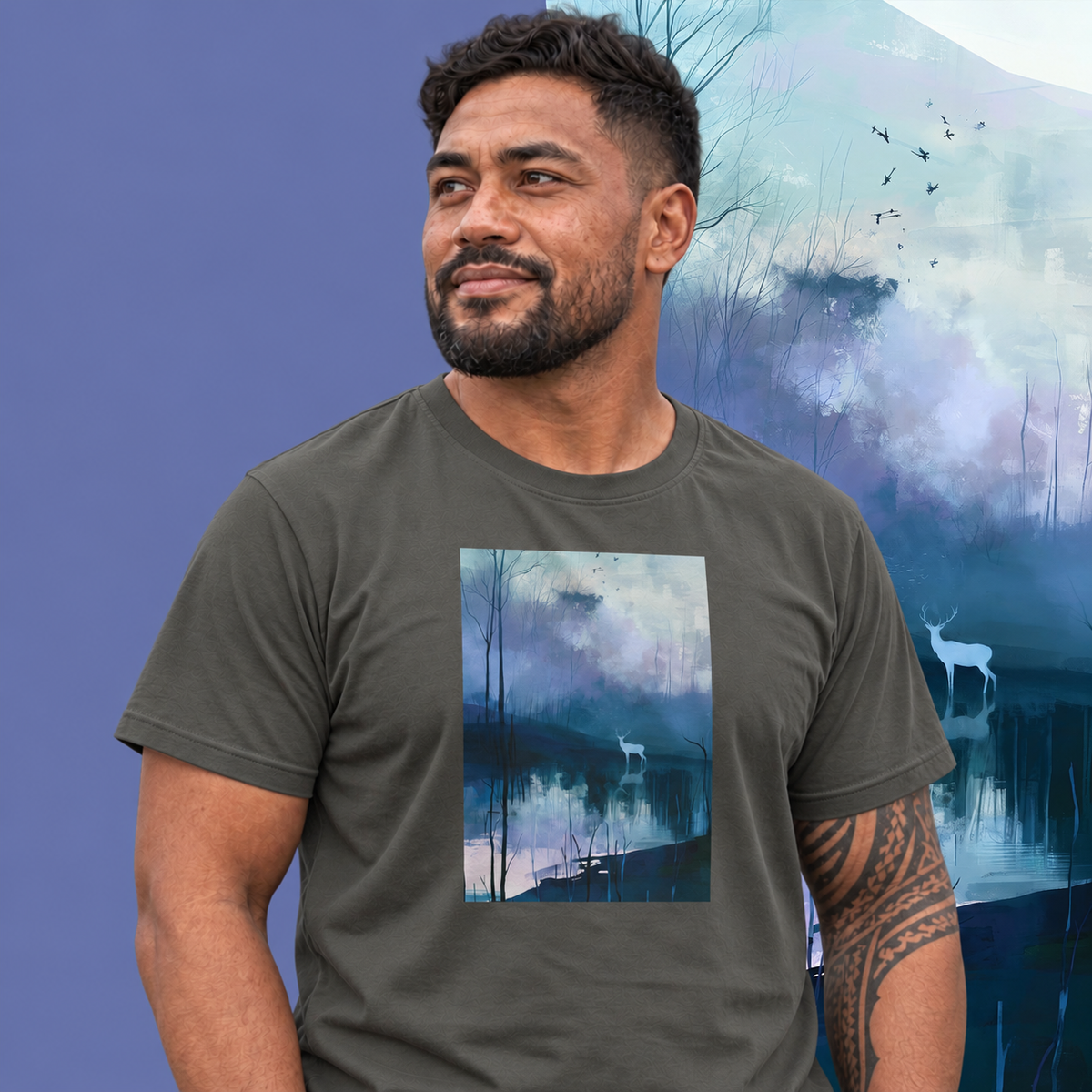 Model wearing the Hart graphic tee in charcoal, white stag and still blue water print - Blend Designs NZ