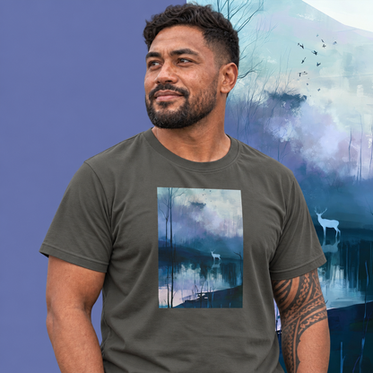 Model wearing the Hart graphic tee in charcoal, white stag and still blue water print - Blend Designs NZ