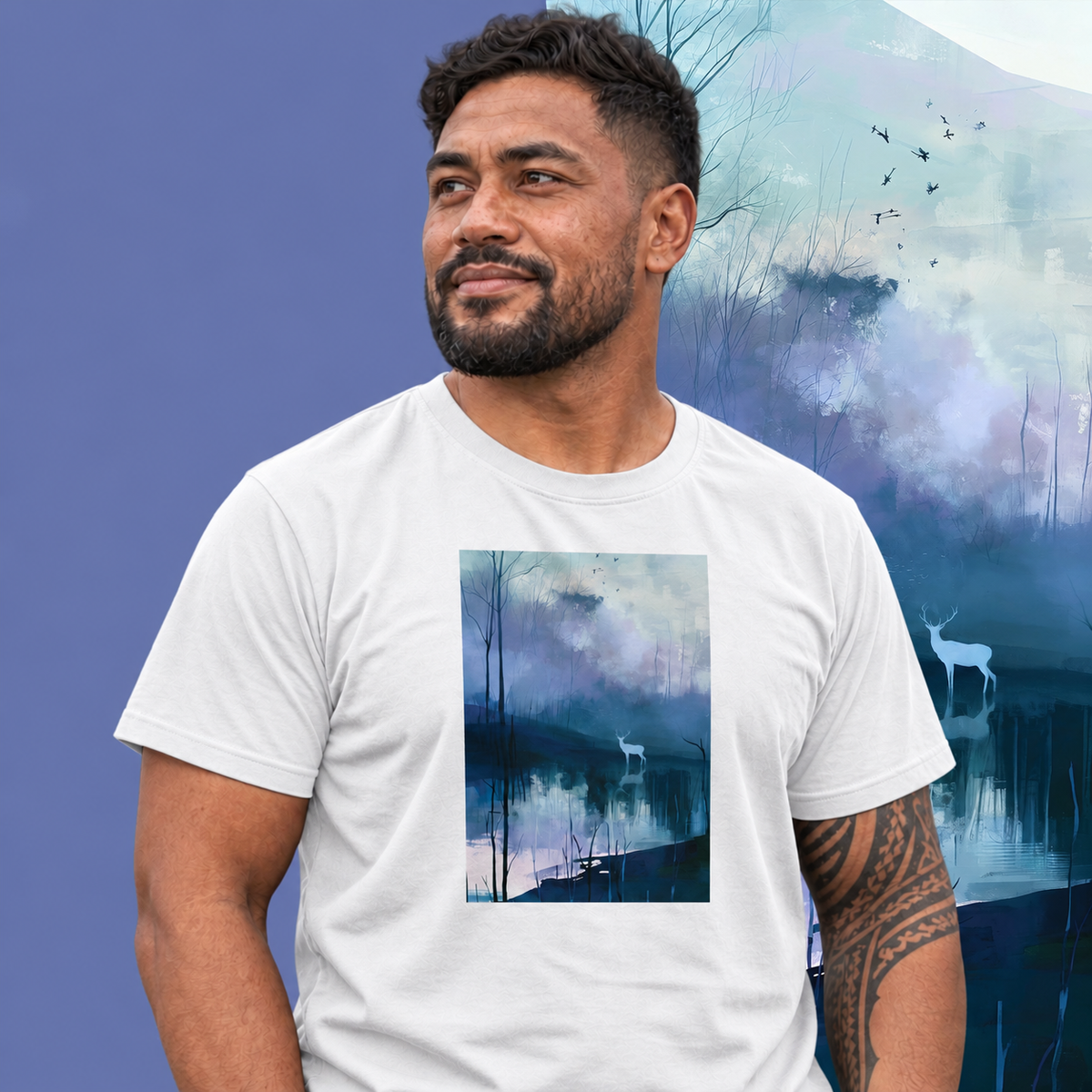 Model wearing the Hart graphic tee in white, white stag and still blue water print - Blend Designs NZ