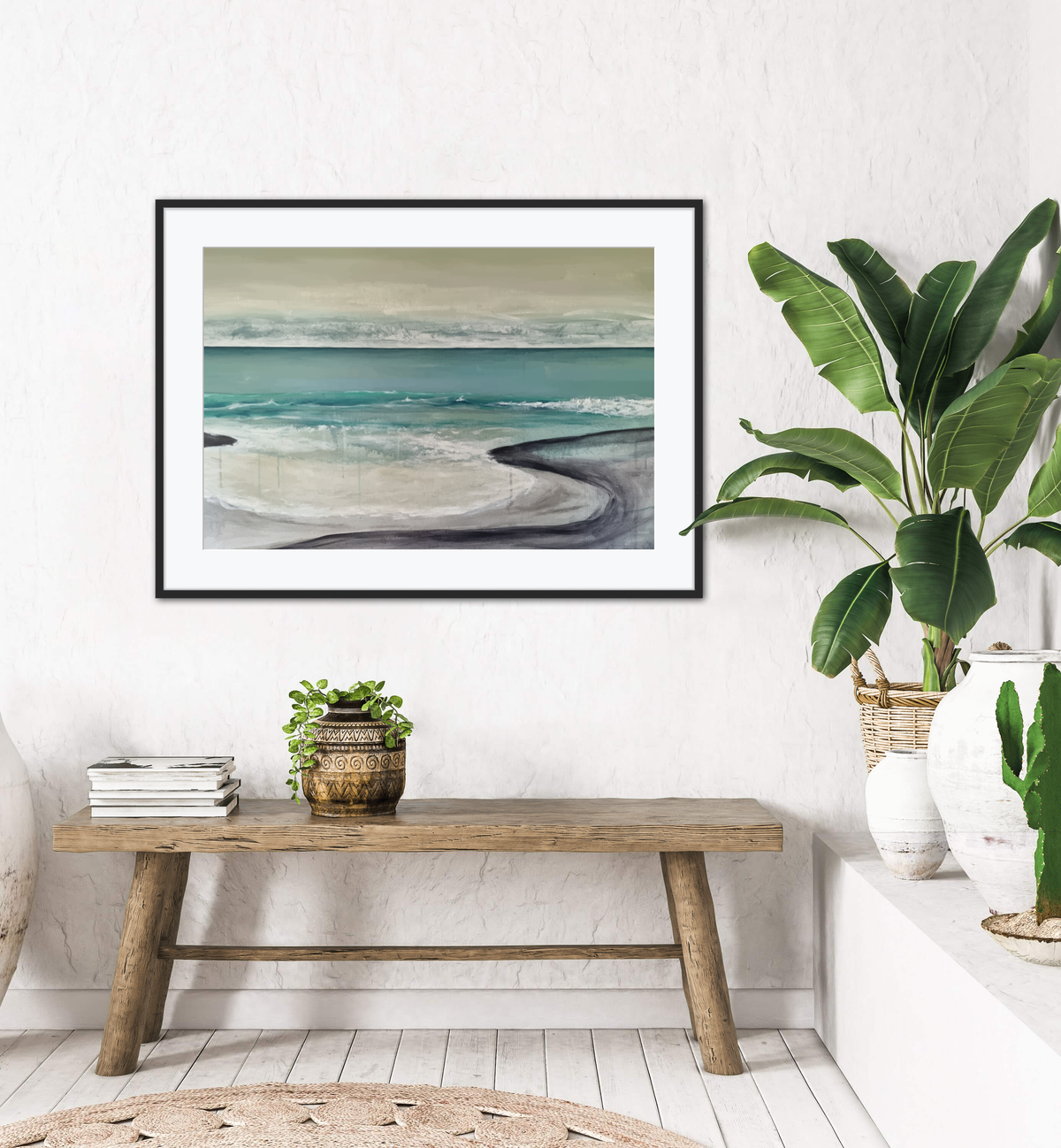 Framed Blend Designs coastal wall art print displayed in a living room
