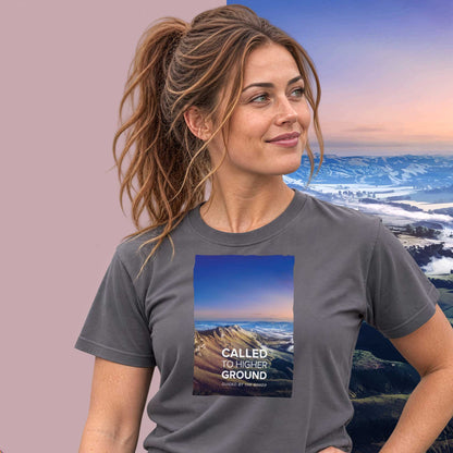 Model wearing the Te Mata Peak graphic tee in charcoal, Te Mata Peak sunrise print - Blend Designs NZ