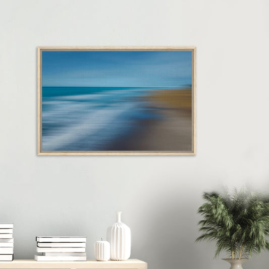 ‘Ocean breeze’ captures the movement of waves and shoreline in a beautifully blurred perspective, creating a dreamlike seascape of blues, teals, and sandy browns.