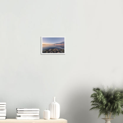 Peaceful Lake Rotorua view with mossy rocks and soft pastel reflections in Calm Waters by NZ artist Ben Hart.